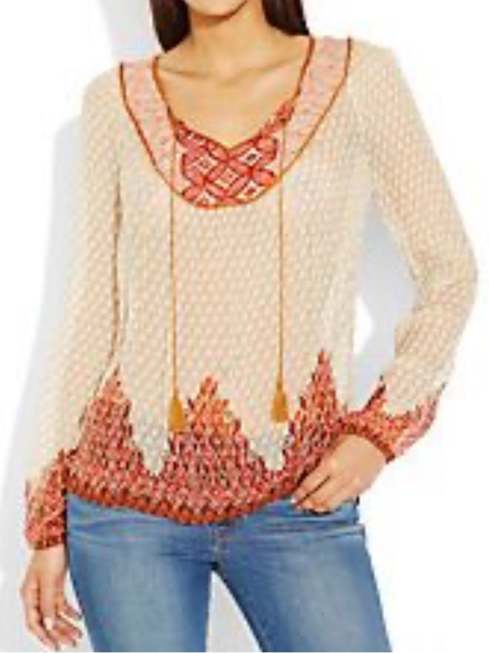 Alice + Olivia Cream and‎ Rust Printed Sheer Long Sleeved Peasant Blouse. Large.